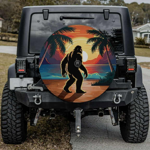 Lotusprinthandmade Bigfoot On Beach Sunset Spare Tire Cover With Backup Camera Hole 6 Sizes (27 in.)