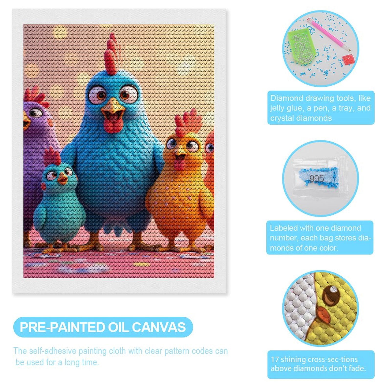 Diamond Art Kits for Adults, Blue Orange Cartoon Chickens Party 5D Diamond Painting Kits for Adults Beginners, DIY Full Drill Diamond Painting, Gem Art and Crafts 12x16