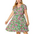 thumbnail image 1 of Women's Plus Size Dress V Neck Belted Summer Floral Dresses Olive Green 2X, 1 of 7