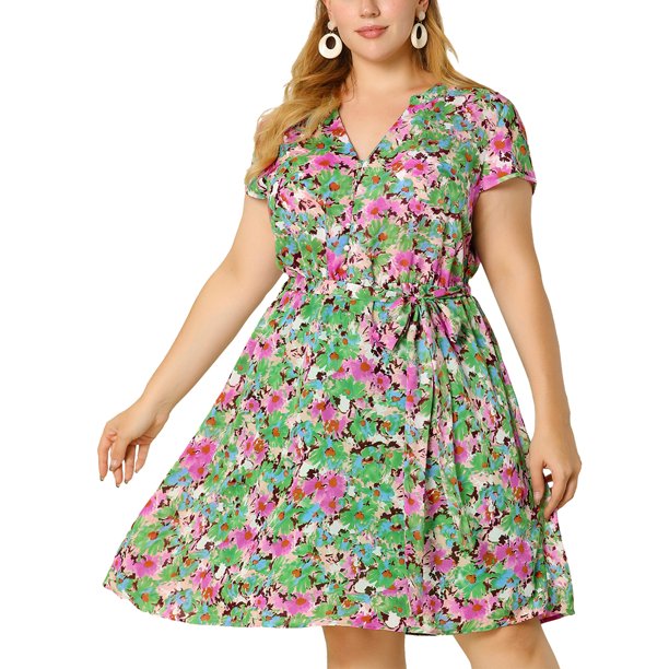 Women's Plus Size Dress V Neck Belted Summer Floral Dresses Olive Green 2X