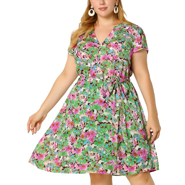 Women's Plus Size Dress V Neck Belted Summer Floral Dresses Olive Green 2X