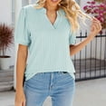 thumbnail image 4 of Wiyuqeen Women's Solid Color Ribbing Knit Blouses Basic Notch V Neck Tunics Casual Crochet Puff Sleeve Summer Tops Elegant Pleated Short Sleeve Tees, 4 of 9