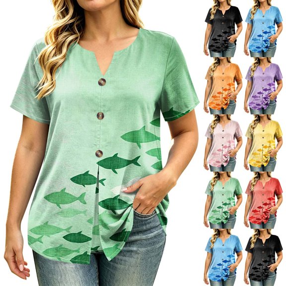 VBVC Women's Fish Print Notch Neck Tops , Casual Button Detail Shirts For Women,Ladies' Lightweight Loose Short Sleeve Blouses,Black,S-3XL