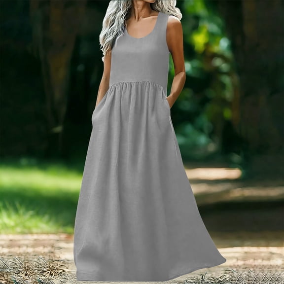 purcolt Womens Maxi Dresses Crew Neck Sleeveless Long Sundress Casual Loose Summer Beach Vacation Outfits with Pockets