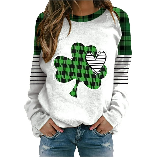 Besolor Chandail en Molleton pour Femmes St Patricks Day 2025 Col Rond Manches Longues Grande Taille Tops Pull Graphique Trèfle Blouse