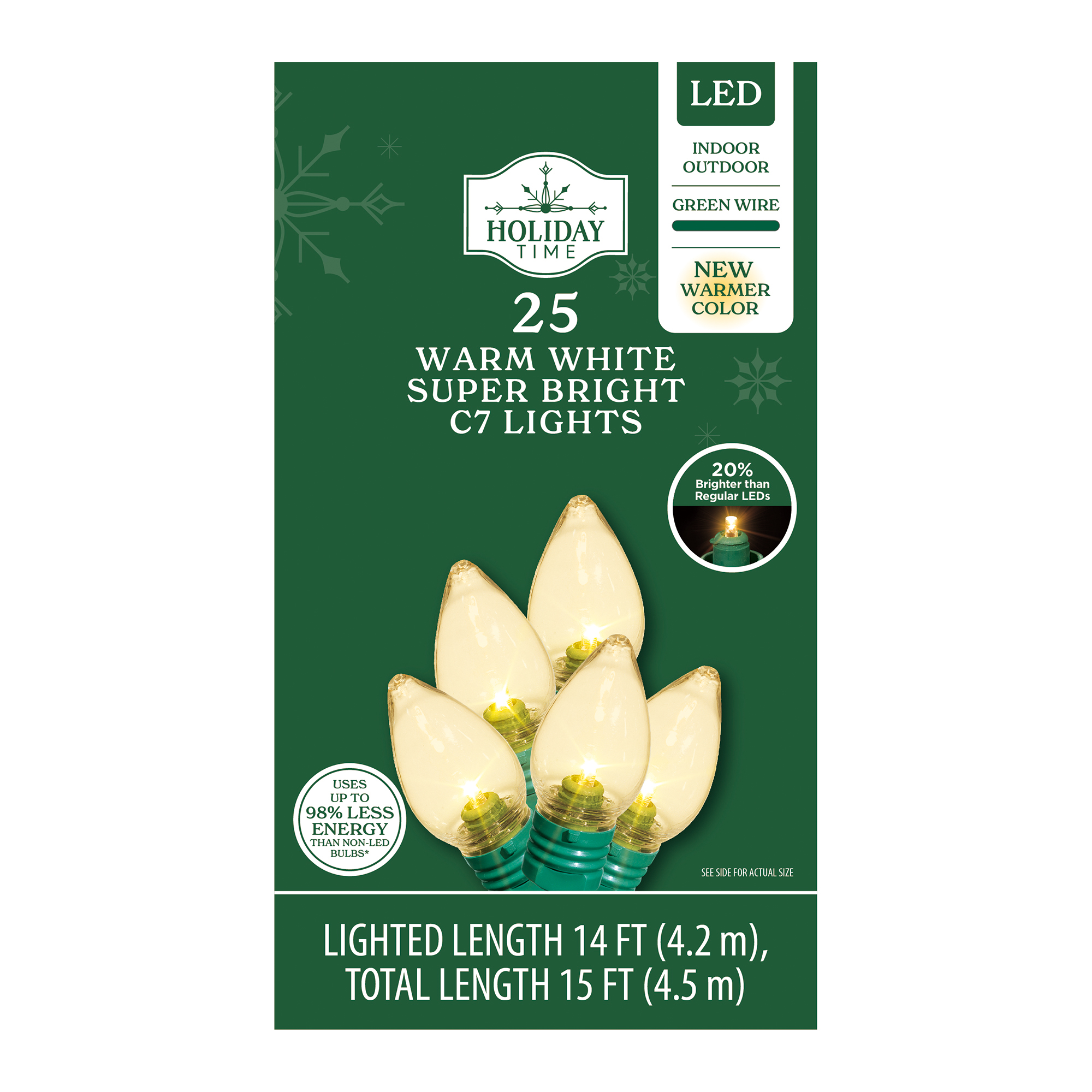 Indoor/Outdoor 25-Count Super Bright LED C7 Christmas Lights, Warm White, 14', Holiday Time