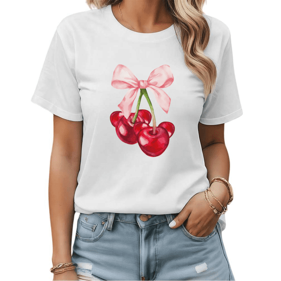Watercolor Cherry & Bow Graphic Tees Womans T shirt Black/White S-5XL Shirts Casual Daily Tops