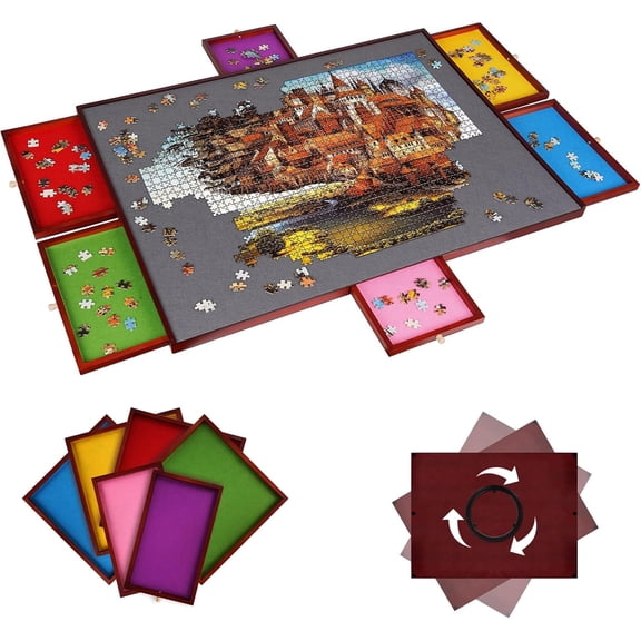 1500 Pieces Rotating Wooden Puzzle Board with 6 Drawers - Wooden Jigsaw Puzzle Table with Cover Piece Capacity Portable Puzzle Tray with Secure Storage, Ideal for Jigsaw Assembly & Organization