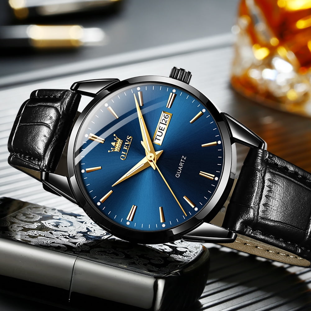 OLEVS Mens Watches,Black Leather Watch for Men,Analog Quartz Fashion Business Dress Watch Luminous Waterproof Casual Male Wrist Watches Reloj para Hombre Blue Dial