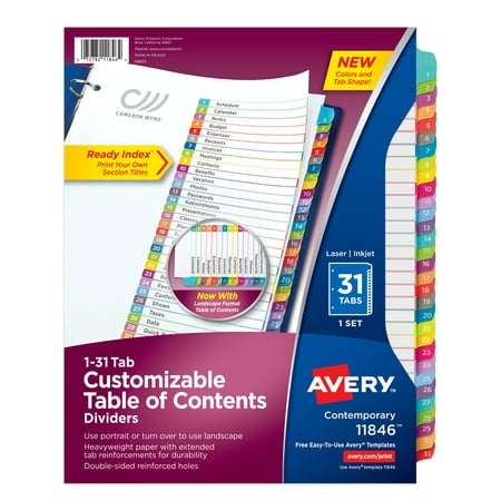 Decorative Binder Dividers Avery Customizable Table of Contents Dividers, Ready Index Printable Section Titles, Preprinted 1-31 Arched Multicolor Tabs, 1 Set (11846) ()