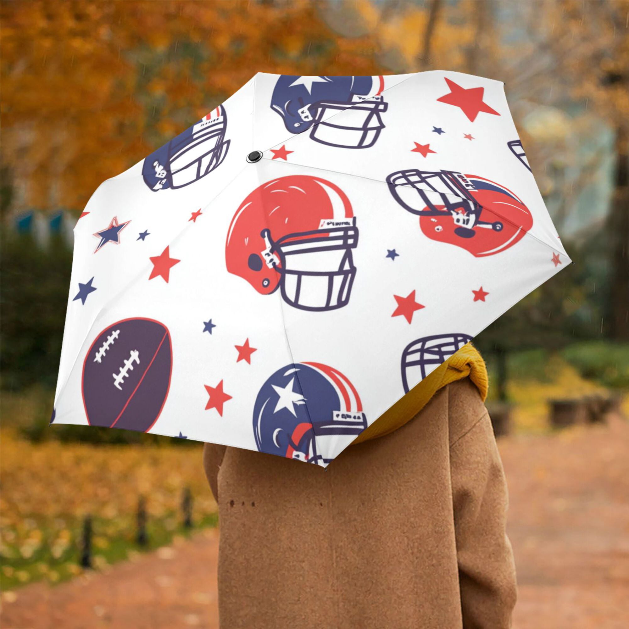 FORMRS Travel Umbrella Folding Auto Open Close Windproof Rain UV Protection, Star Spangled Helmets