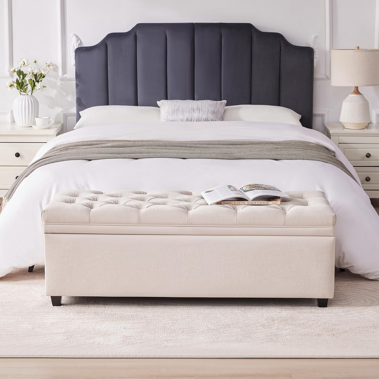 Mangodan 50" Storage Ottoman Bench, Tufted Ottoman With Storage Bench for Living Room, Large End of Bed Bench Ottomans, Modern Entryway Benches, Window & Bedroom Benches for Foot of Bed, Beige