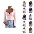 thumbnail image 1 of Chemises d'Automne pour Femmes 2025 Couleur Unie Nœud devant Col en V Ajusté Hauts Courts à Manches Longues pour Femmes, 1 of 7