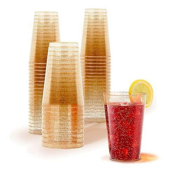 9oz Gold Glitter Plastic Cups (50 Pack), Elegant Party Cups for Birthday Parties, Weddings, and Holidays, Fancy Disposable Cocktail Glasses, Clear and Gold Cups, Bulk Wine and Mimosa Cups
