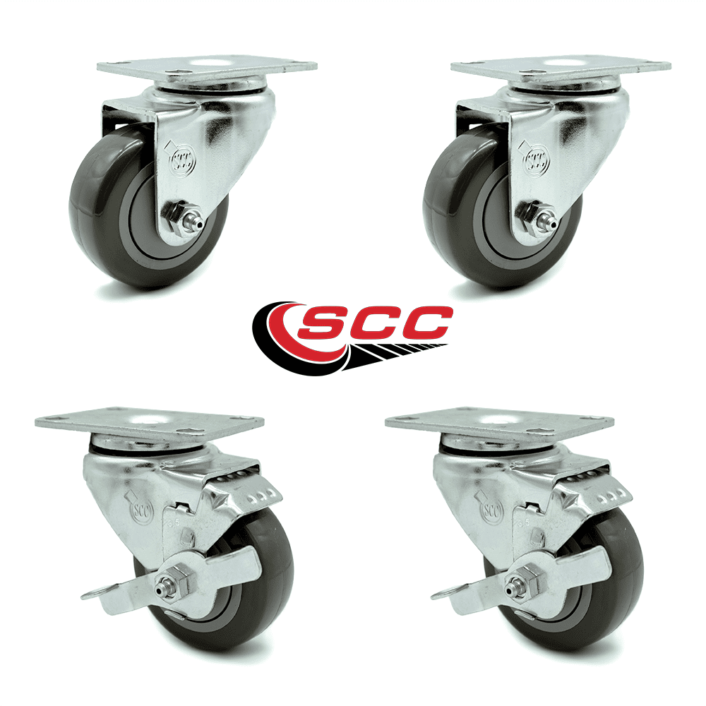 3.5 Inch Gray Polyurethane Wheel Swivel Top Plate Caster Set with 2 Brakes SCC