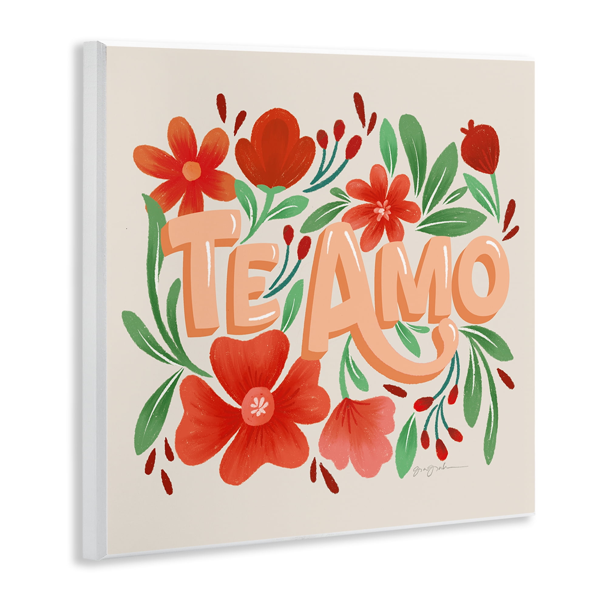 Stupell Industries Te Amo con Flores Rojas Floral & Botanical Painting Unframed Art Print Wall Art, 12 x 12