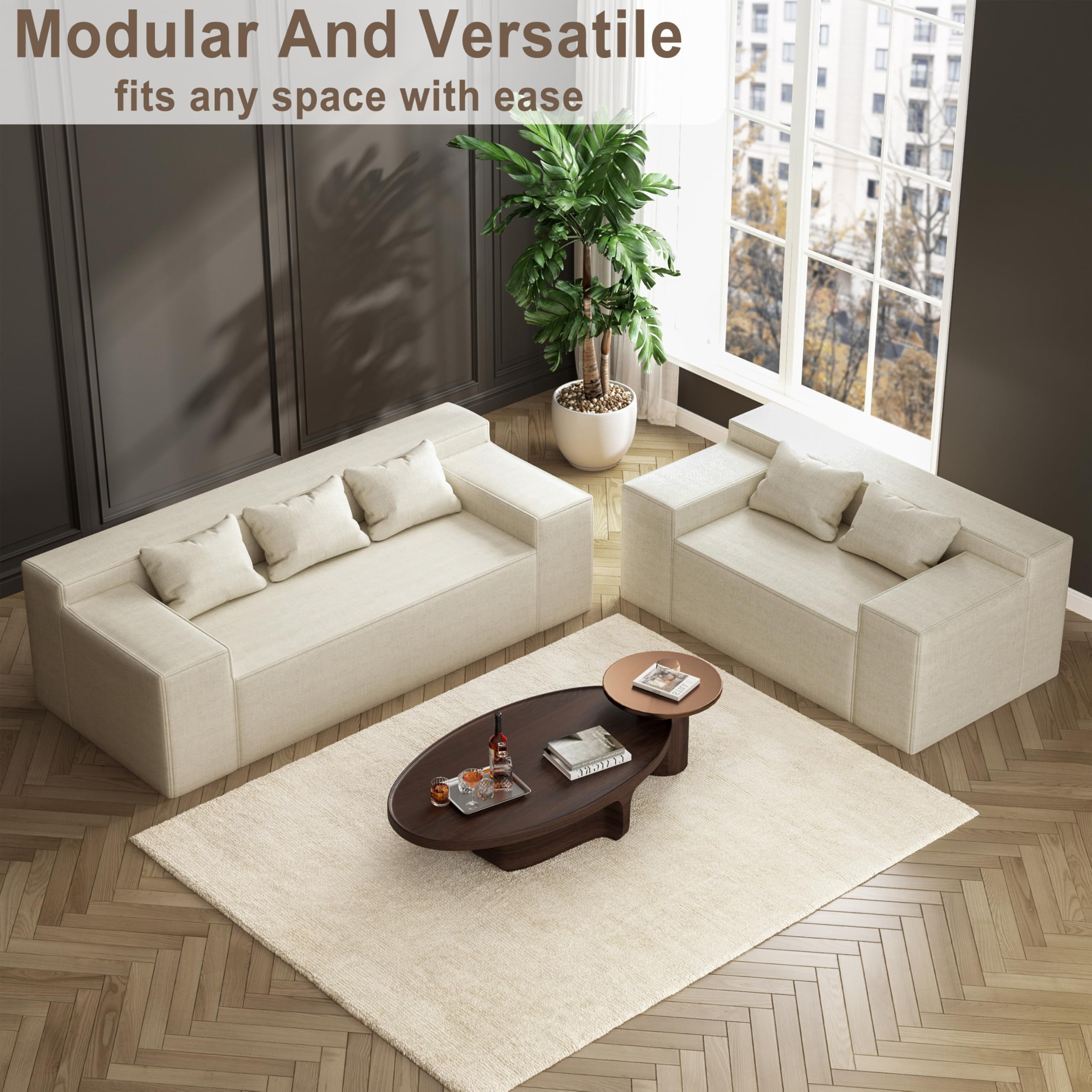 Modern 3-Seater Sofa, Hybrid Sofa in a Box, No Assembly Required, Comfy Sofa Couch with 3 Matching Pillows, Couch for Living Room or Bedroom, Beige