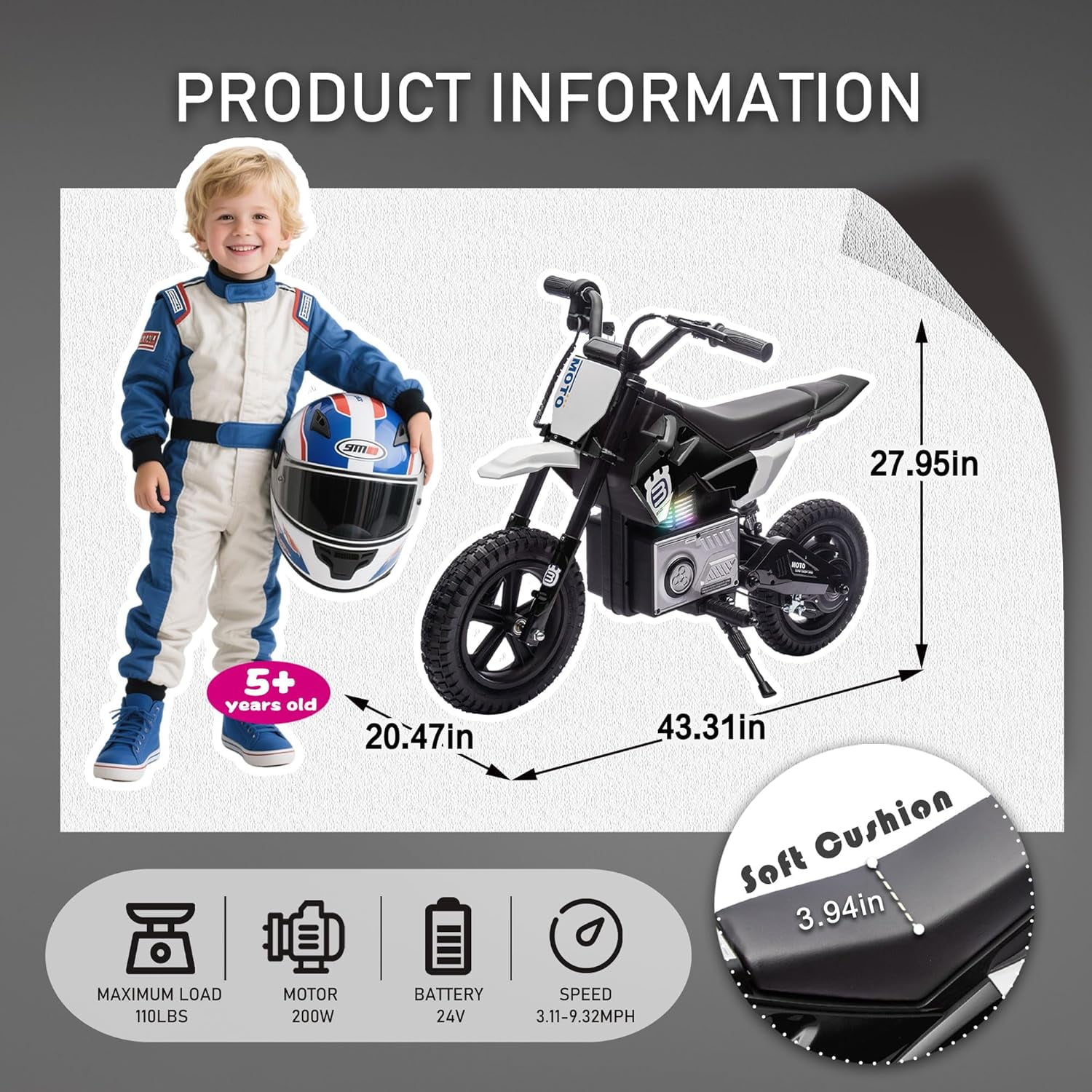 ThunderBolt 24V Electric Dirt Bike Ride-On Motorcycle for Kids 5-15, 200W Motor, 3-9MPH Adjustable Speed, LED Lights, Shock Absorber,Bluetooth