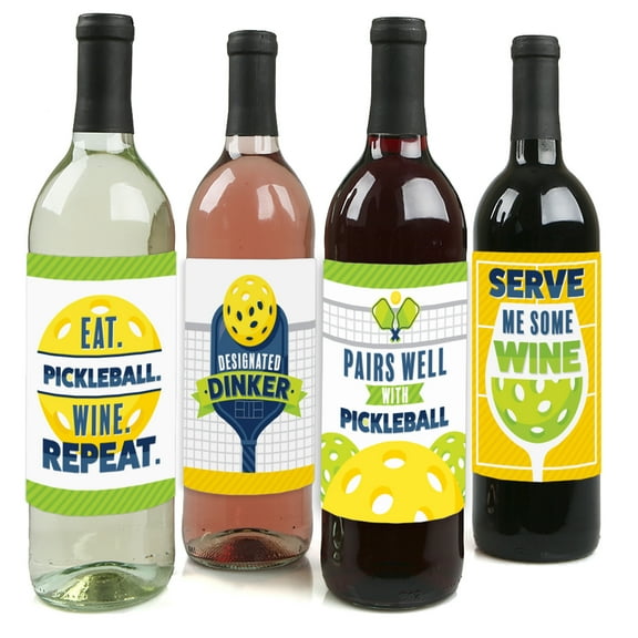 Big Dot of Happiness Let's Rally - Pickleball - Birthday or Retirement Party Decorations for Women and Men - Wine Bottle Label Stickers - Set of 4