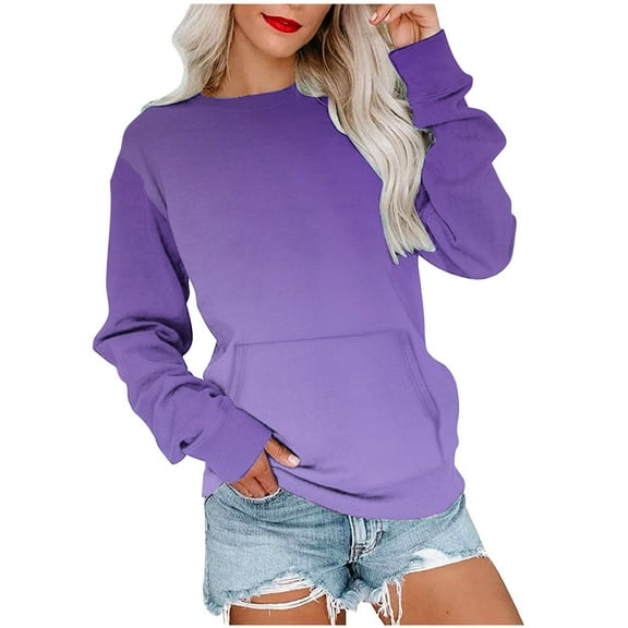 WREESH Womens Fashion Crewneck Sweatshirts Gradient Loose T-Shirt Long Sleeves Blouse Casual Tops Sweatshirt Hoodies Pullover Purple