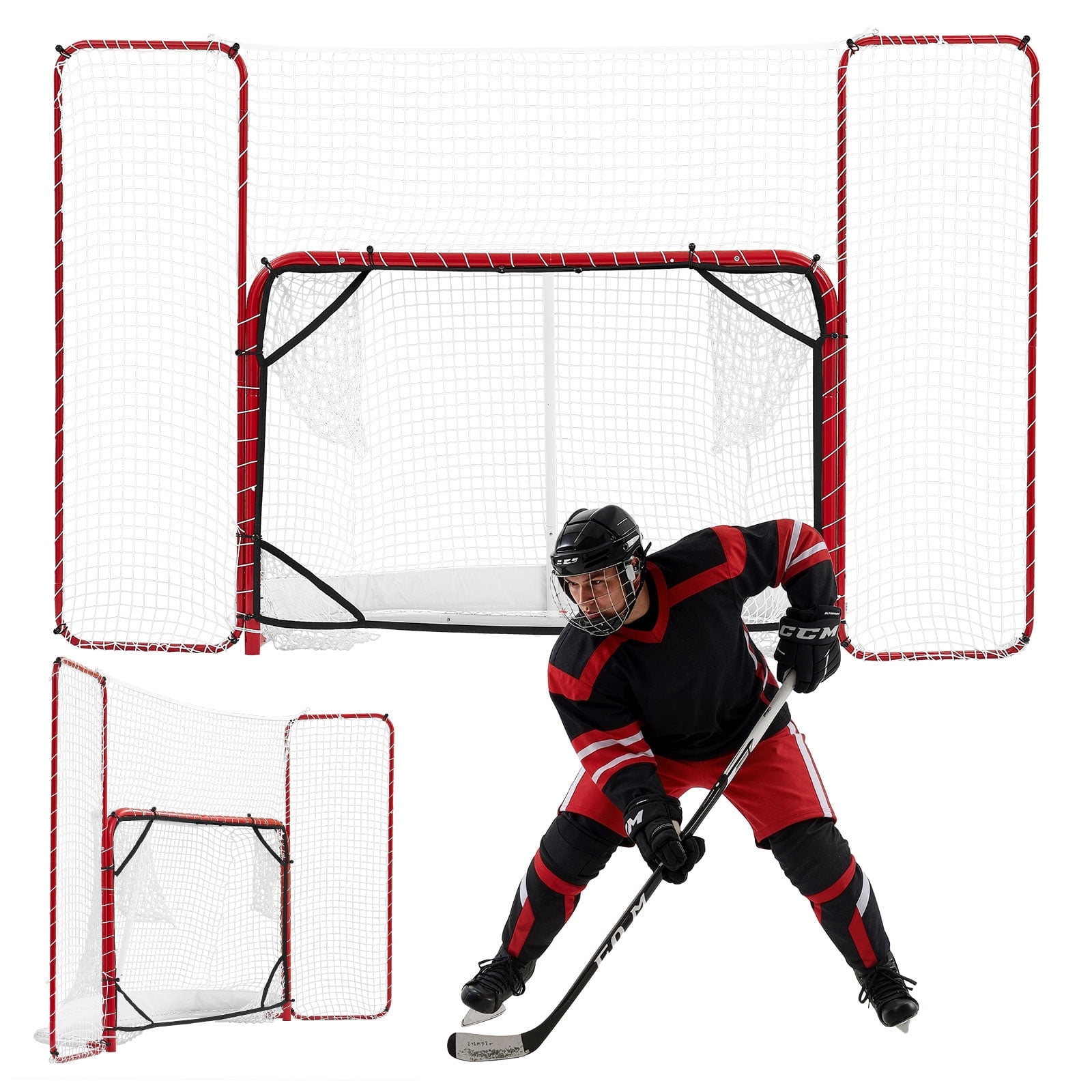 VEVOR Hockey Goal with Backstop and Targets, 10x6FT Street Steel Hockey Goal Set, Pro Lightweight and Portable Training Equipment, Durable Net for Indoor & Outdoor Use, Easy Assembly, White/Red