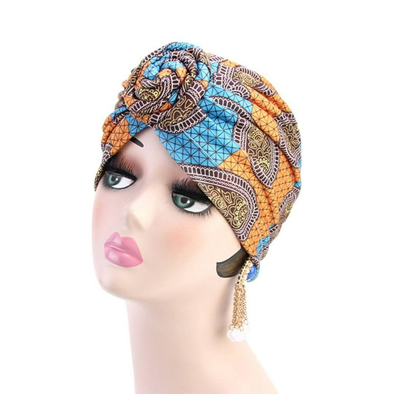 Muslim Turban Knotted Headwrap Women African Pattern Polyester Cotton Chemo Hair Loss Elastic Head Scarf