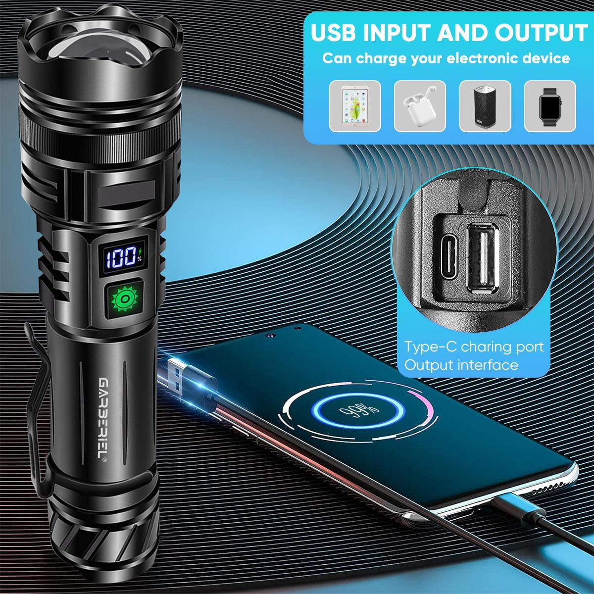 Garberiel High Lumens USB Rechargeable LED Flashlight, Super Bright Tactical Torch Light With Power Display & 26650 Battery And Mini Keychain Working Light For Outdoor Camping/Hiking/Fishing