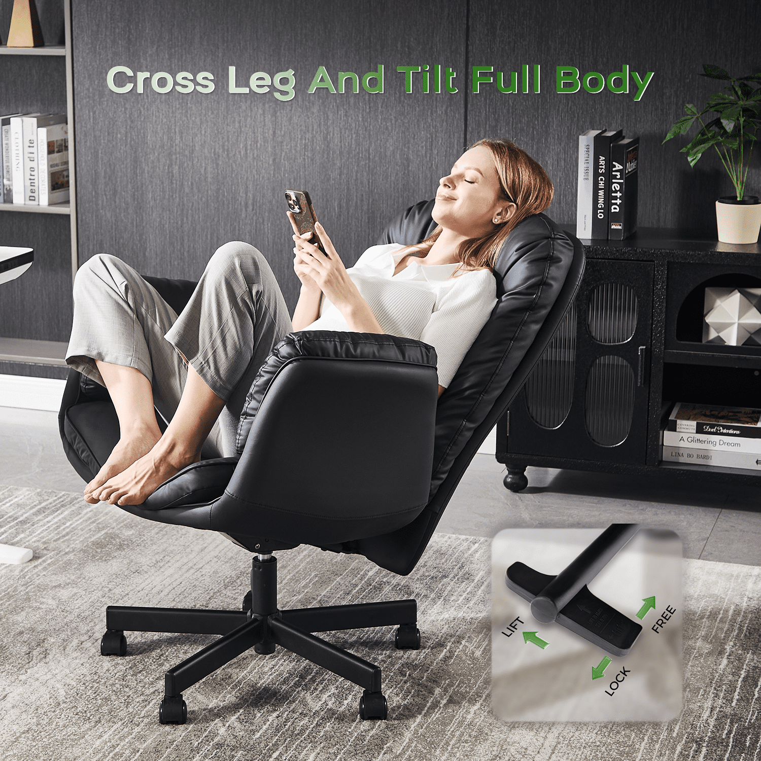 TMV PU Leather Office Chair Criss Cross Chair,Vanity Chair with Armrests & Wheels for Cross-Legged,Adjustable Swivel Desk Chair Wide Rolling Chair for Adults,Black