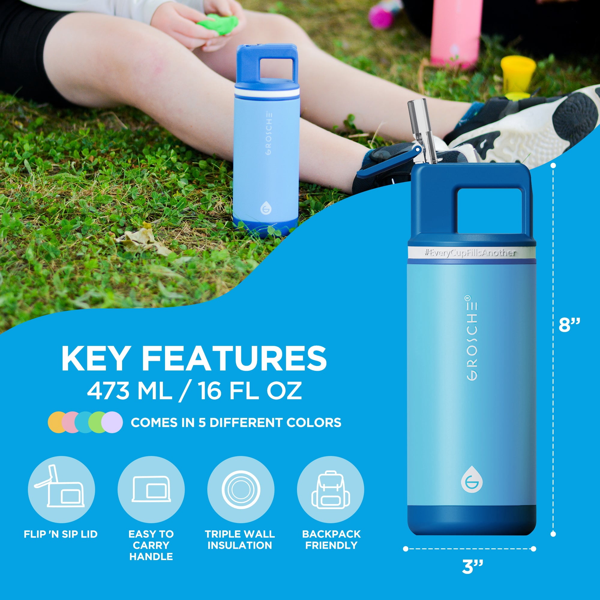 ALPINE Flip 'N Sip Kids Insulated Water Bottle With Straw - 16oz Kids Water Bottle - Scuba Blue