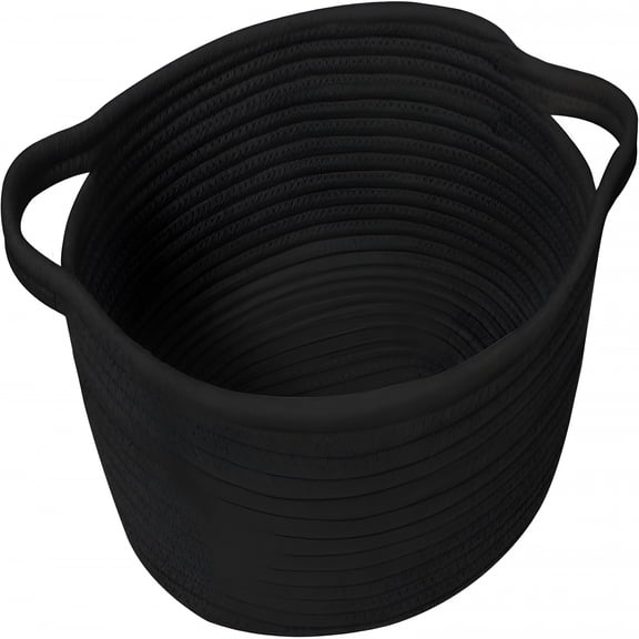 XIBUFE Small Woven Gift Basket,Baskets for Gifts Empty,Cotton Rope Cat Dog Toy Bin Box,Nursery Baby Organizer,Wicker Easter Basket with Handle,Shelf Storage Bin for Decor,Black,12"X 8"X 5"