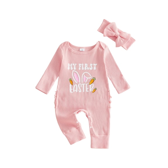 BemeyourBBs 2Pcs Baby My First Easter Outfit Newborn Baby Girl Easter Outfit Long Sleeve Bunny Ear Letters Carrot Print Romper and Bow Headband Set Infant Spring Clothes