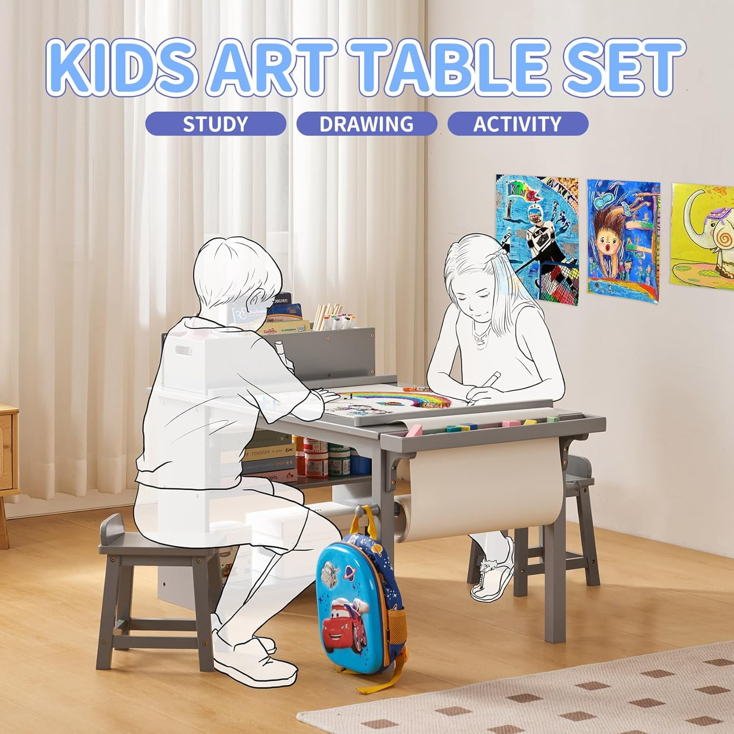 UNICOO® Drawing and Art Table & Chair Set for Toddlers - Portable Craft Supplies Organizer and Storage Shelves, Canvas Bins, Paper Roll Rack, 2 Stools, Kids Art Table, Ages 2-12 (Gray)