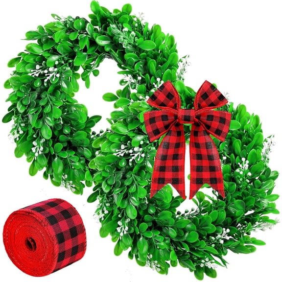 Dalrosia 2PCS Boxwood Wreath Artificial Christmas Wreath Outdoor Wreath Green Leaves Wreath with 16 Feet Ribbons for Xmas Decor Front Door Wall Window Wedding