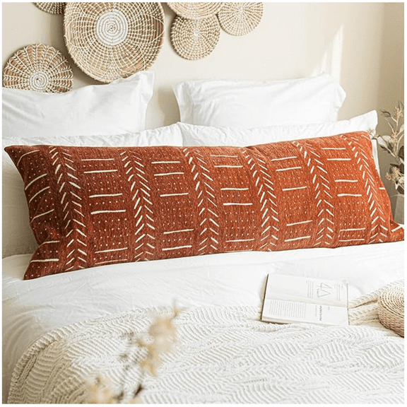 BlissBlush Brick Red Soft Chenille Boho Body Pillow Cover 20x54, Decorative Oversized Long Lumbar Pillow, Boho Textured Oversize Body Pillow, Cover ONLY