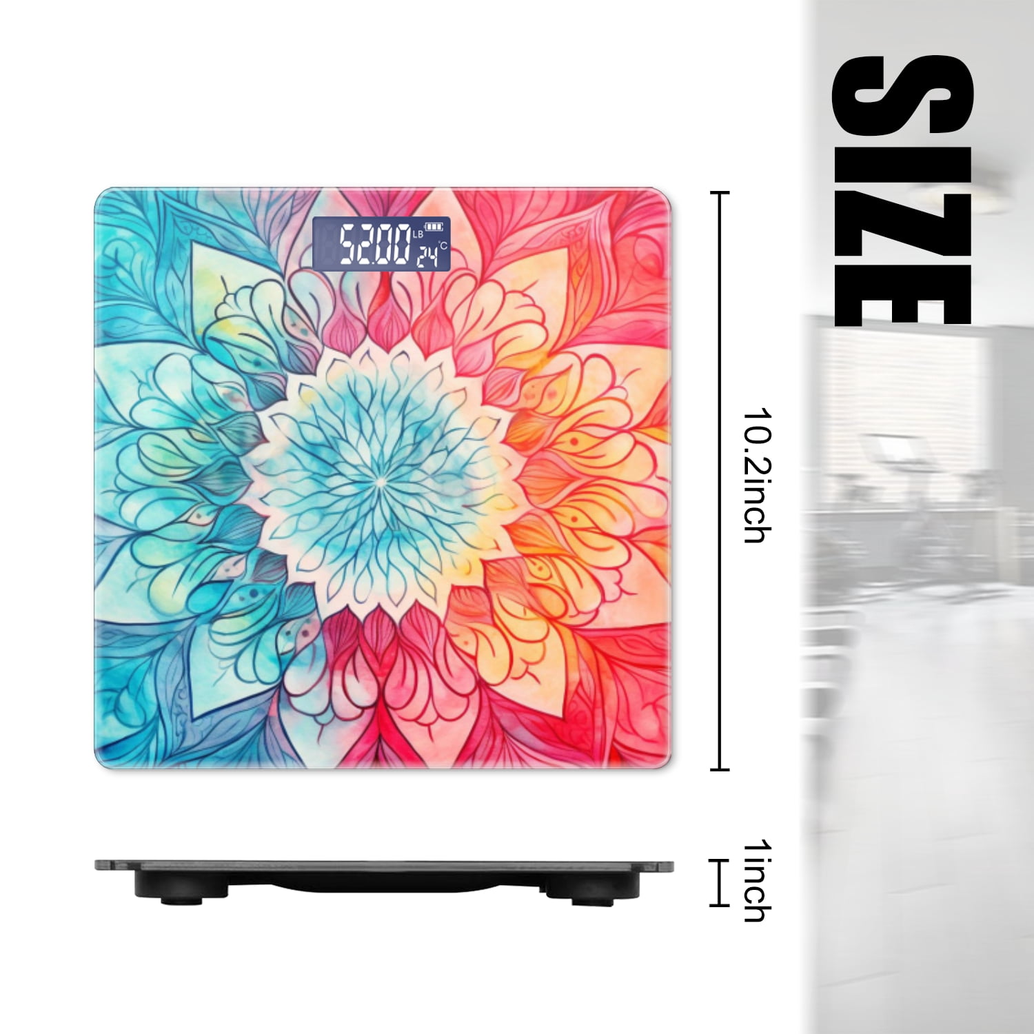 High Precision Body Weight Scale Smart Bathroom Scales with Large LCD Display(400lbs),Decorative for Bedroom-Watercolor Mandala Blue And Red Color Palette
