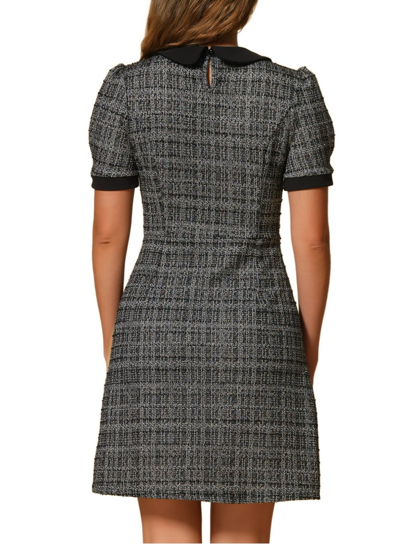 mini tweed short-sleeve dresses Inspire Chic Peter Pan Collar Dresses for Women's Plaid Puff Short Sleeve Mini Tweed Dress XL Black