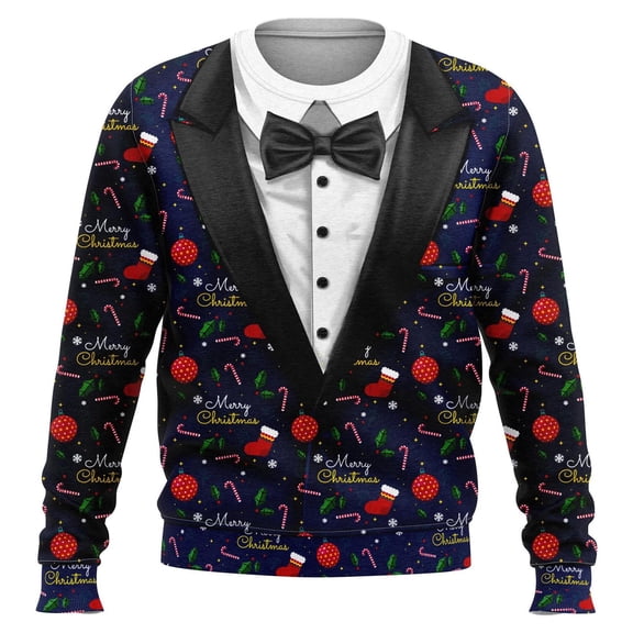 Telankuip Christmas Sweatshirts for Men Funny 3D Suit Printed Crew Neck Sweat Shirt Trendy Long Sleeve Outdoor Xmas Holiday Pullover Winter Tops 2025 Fashion Outfits Black2 XL