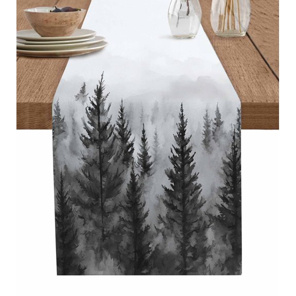 ERUNPONLY Retro Mist Forest Table Runner - 60 Inch Long Watercolor Mountains Nature Landscape Cotton and Linen Blended Dress Scarves Farmhouse Table Runner for Kitchen Dining, Coffee Table, 13" x 60"