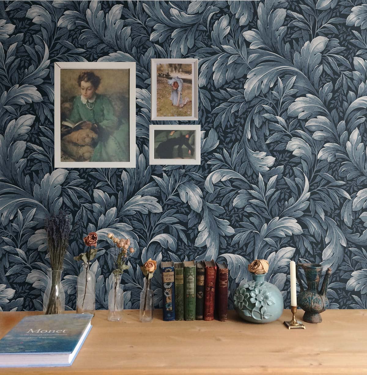 NextWall Navy Blue Acanthus Trail Peel and Stick Wallpaper
