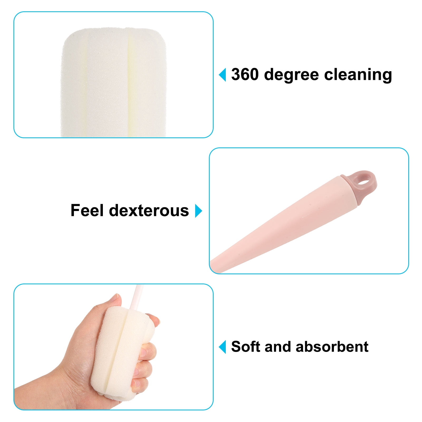 Uxcell Bottle Soft Brush,4 Pcs - 10'' Cleaner Brush with Soft Sponge, Cup Cleaner Brush (Pink)