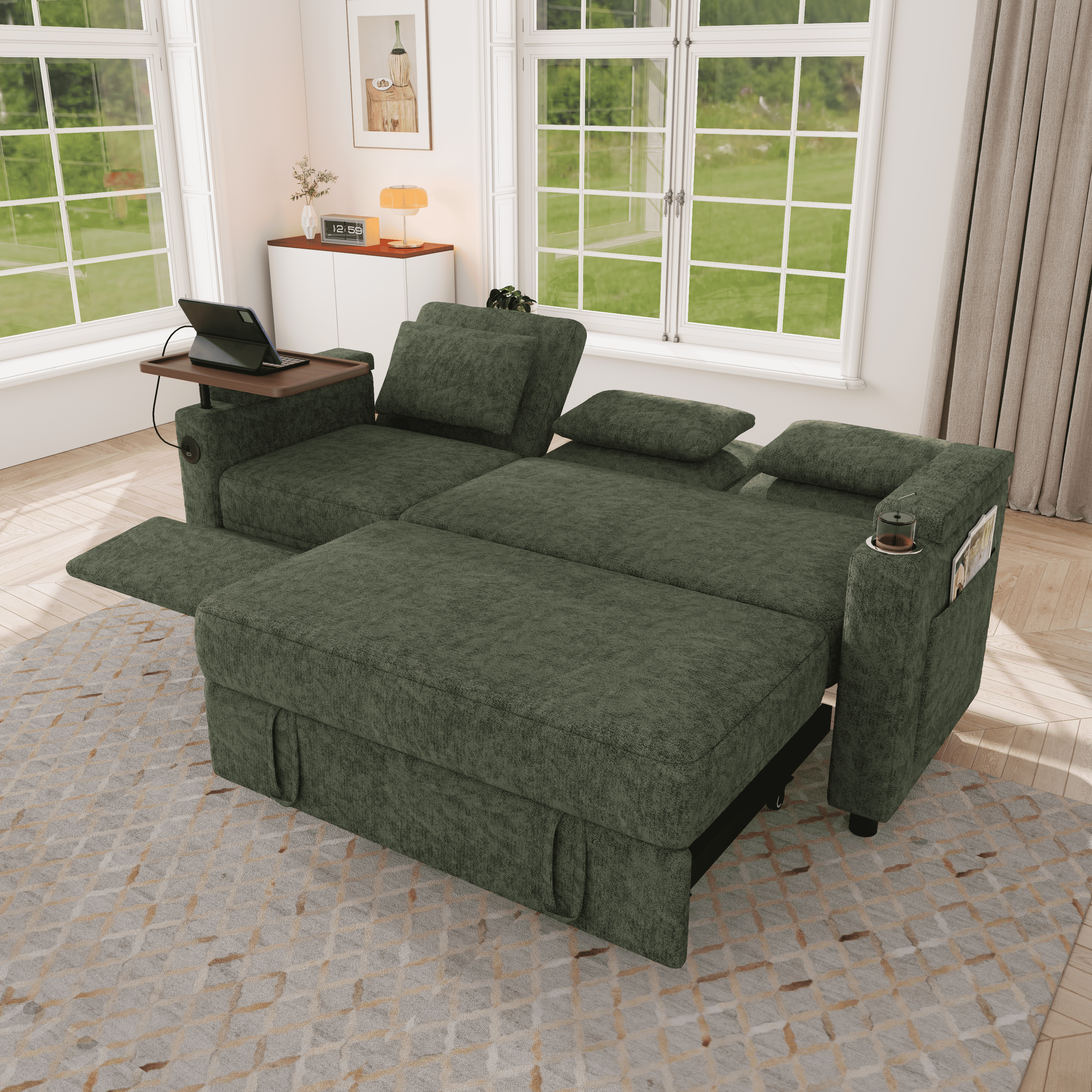TiramisuBest 81" 3-in-1 Convertible Sleeper Sofa Bed with Power Recliner,Chenille Sofa Couch with Tray Table & USB for Living Room,Green
