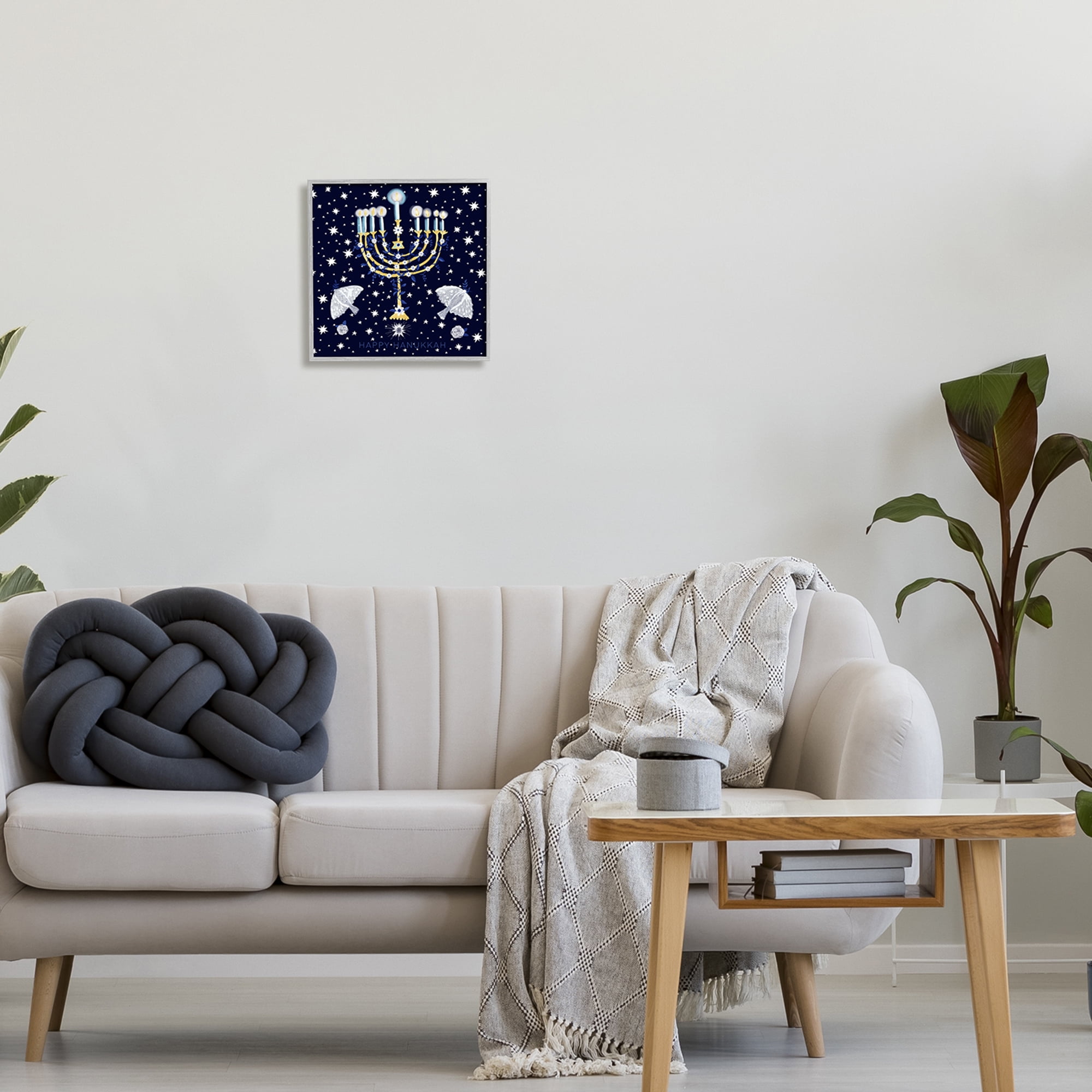 Stupell Industries Happy Hanukkah Starry Menorah Holiday Painting Gray Framed Art Print Wall Art