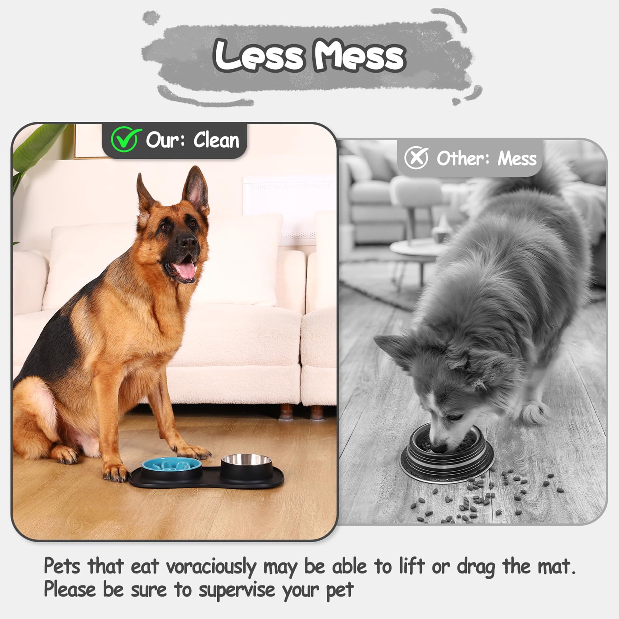 Slow Feeder Dog Bowl Set, 3 in 1 Stainless Steel Water Bowl with Non Spill Silicone Mat, Choking Pet Dishes for Small Medium Large Breed Dogs Cats, Easy to Clean, Space Saing Design, Black