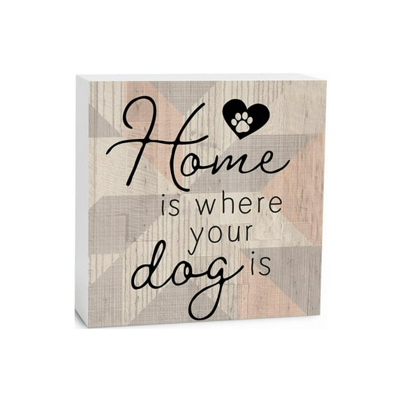 Home Where Dog Is Cream Grey Geometric 5 x 5 Wood Tabletop Sign Plaque