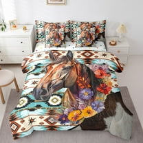 Horse Bed in a Bag Queen Comforter Set 7 Piece,Western Bedding Sets Queen,Exotic Geometry Aztec Sheet Set with Comforter Brown Cowhide Bohemian Flowers Room Decor