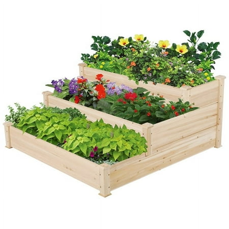 Alden Design 3 Tier Wood Raised Garden Bed Wood Elevated Flowers Vegetables Planter