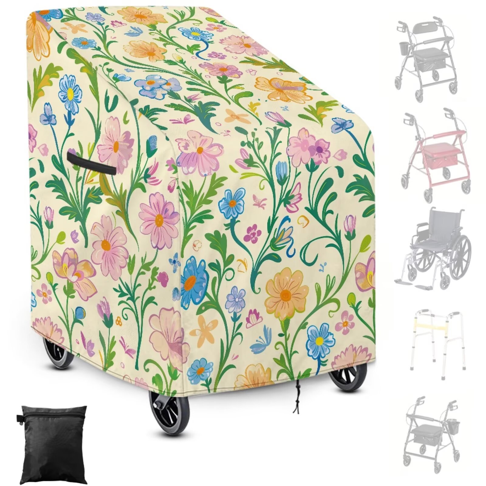 ZIATUBLES Portable Walker Covers, Stain Resistant for Seniors’ Rolling Walker with Seat, Universal Windproof Protective Cover with Adjustable Drawstring and Buckles, Wild Vine Floral Print