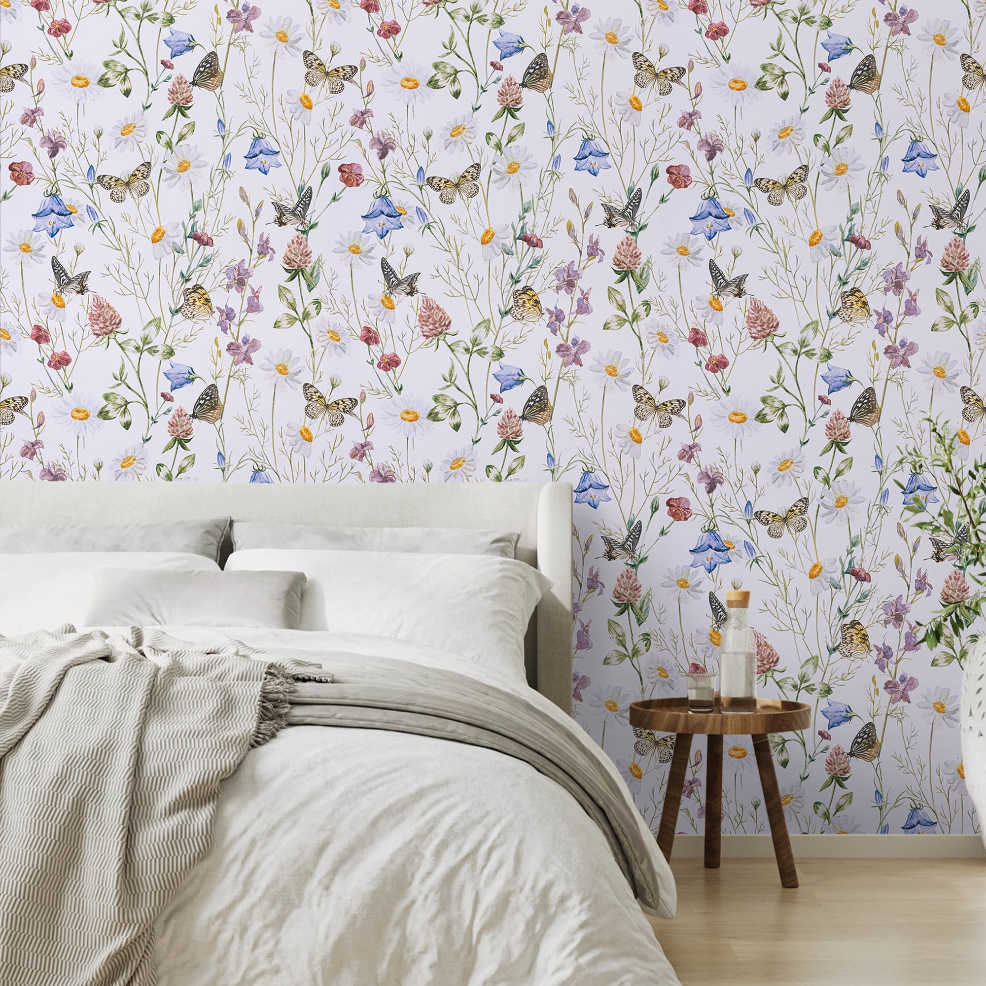 Abyssaly Floral Peel and Stick Wallpaper 17.3" × 393.7",Butterfly and Flower, White Removable Self-Adhesive Vinyl Wall Paper for Home Decor