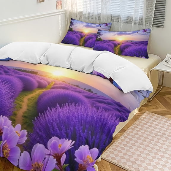 Lavender Field Sunset Duvet Cover Set Themed Multicolor Polyester Bedding Set for Bedroom Decoration