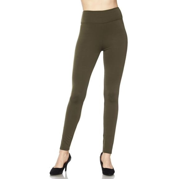 High Waisted Fleece Lined Leggings - 3 Inch Waistband Olive One Size Regular